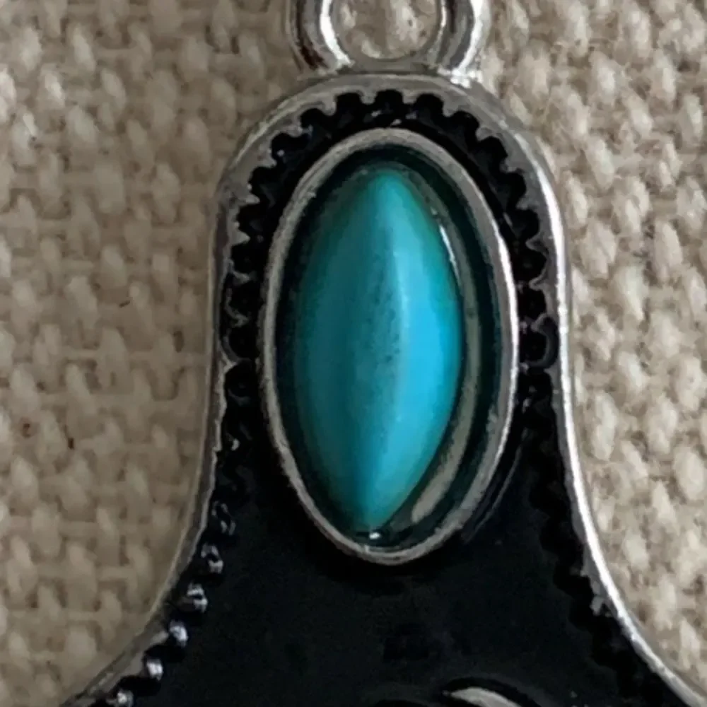 Men’s Western Cow Tag Pendant Necklace Silver Tone with Turquoise Accent